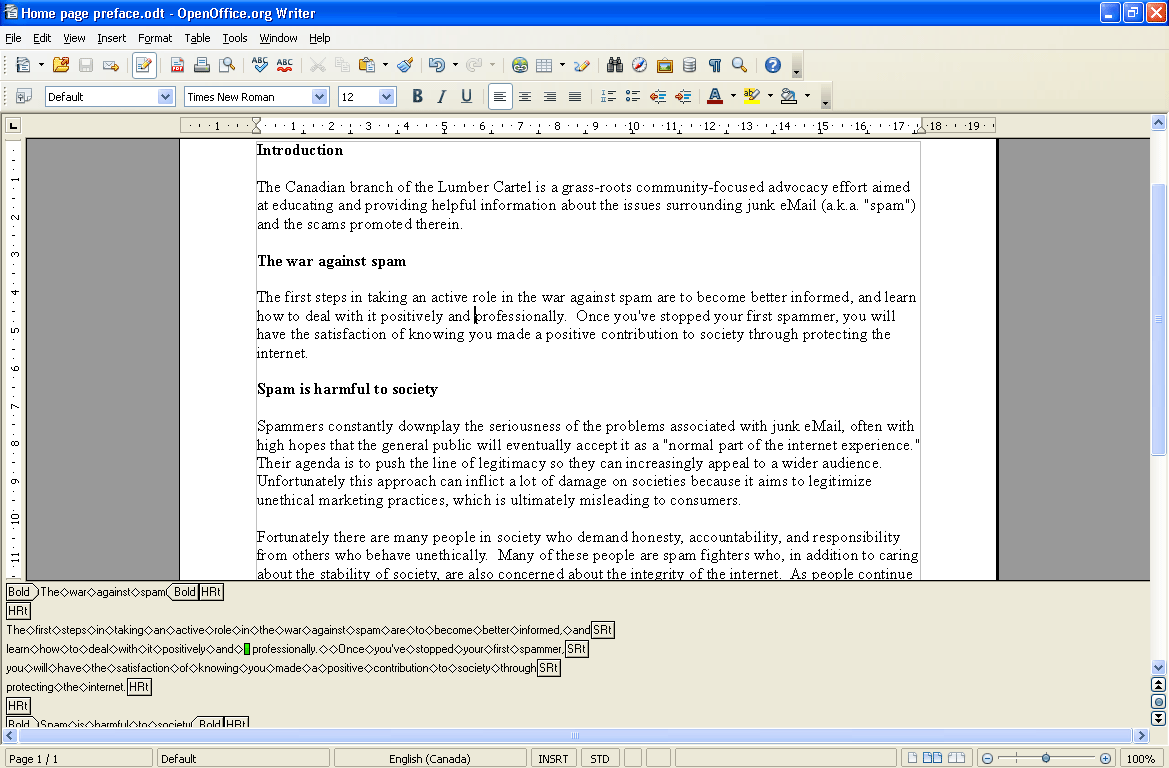 Screen shot of Reveal Codes functionality in OpenOffice.org